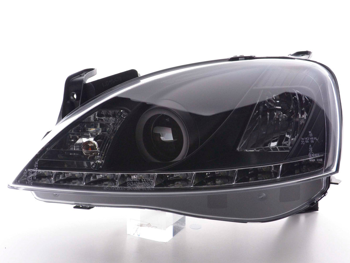 Scheinwerfer Set Daylight LED Tagfahrlicht Opel Corsa C 01-06 schwarz Scheinwerfer Set Daylight LED Tagfahrlicht Opel Corsa C 01-06 schwarz
